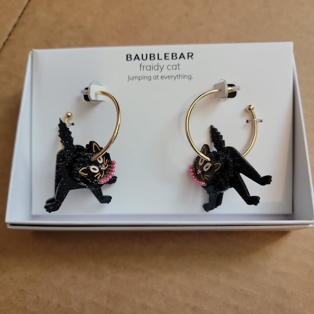 Baublebar Black Cat Fraidy Cat Hoop Earrings NIB